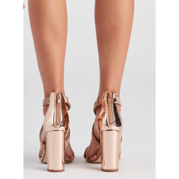 Windsor ✦ Glitzy Rhinestone Chrome Block Heels ✦ Rose Gold Almond Toe 8.5 NWT - Picture 4 of 10
